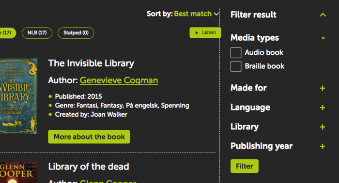 英語版ファセットナビゲーションの画像。大項目としてFilter result、Media types、Made for、Language、Library、Publishing yearが表示され、Media typesが展開し、小項目のAudio book、Braille bookが表示されている。